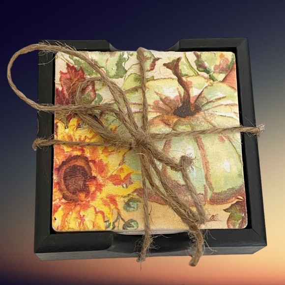 Fall Pumpkin Ceramic Coasters in Wooden Holder set of 4 New handmade 3.5" x 3.5" - Picture 1 of 3